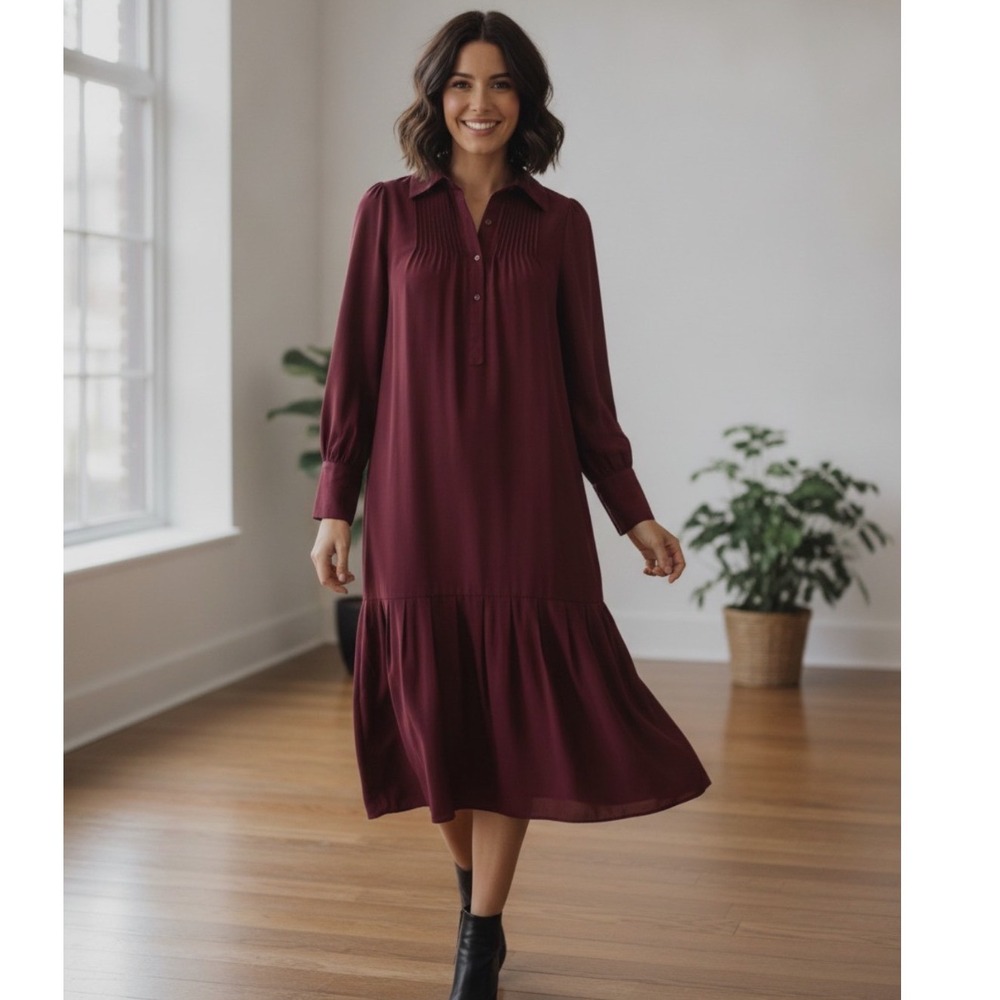 LOFT Petites Burgundy Button Down Drop Waist Tiered Midi Shirt Dress 2P